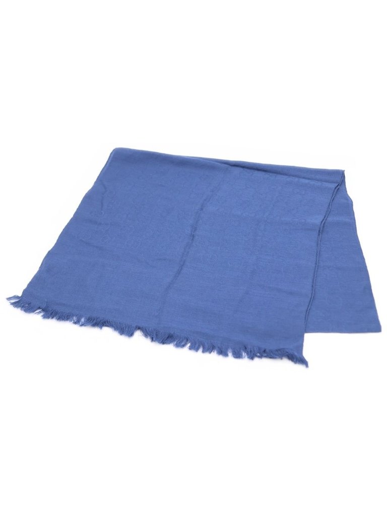 Gucci Gg All Over Pattern Wool Silk Fringe Shawl Scarf Blue